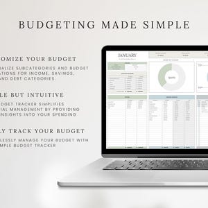May include: A laptop computer displaying a budgeting spreadsheet with a January header. The spreadsheet includes sections for income, savings, bills, and debt categories. The text "BUDGETING MADE SIMPLE" is displayed at the top of the image.