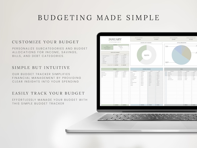 May include: A laptop computer displaying a budgeting spreadsheet with a January header. The spreadsheet includes sections for income, savings, bills, and debt categories. The text "BUDGETING MADE SIMPLE" is displayed at the top of the image.
