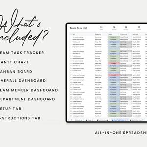 May include: A digital spreadsheet displayed on a black tablet. The spreadsheet includes a team task list, Gantt chart, Kanban board, and various dashboards. The text "What's Included?" is written in cursive, with a list of included features.