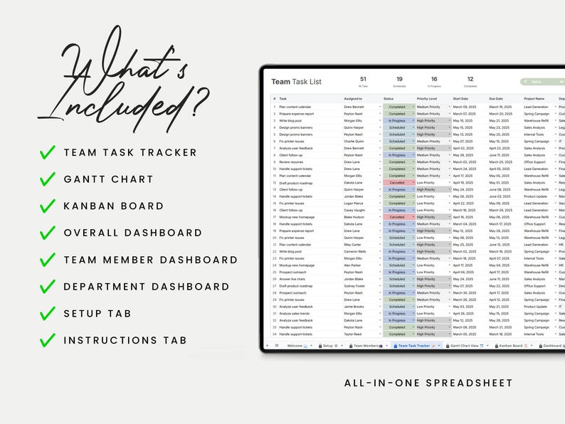 May include: A digital spreadsheet displayed on a black tablet. The spreadsheet includes a team task list, Gantt chart, Kanban board, and various dashboards. The text "What's Included?" is written in cursive, with a list of included features.