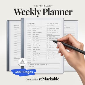 Pode incluir: Um planejador semanal digital para tablets reMarkable com layout de domingo, incluindo seções para planos diários, prioridades e listas de tarefas. A tela exibe notas manuscritas, 400+ páginas e um ícone de download instantâneo.