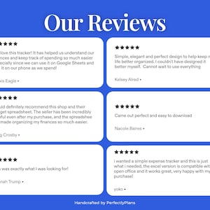 May include: A blue graphic display titled Our Reviews featuring six white rectangular boxes, each containing five black stars and customer feedback text. The bottom of the image includes the text Handcrafted by PerfectlyPlans in white.