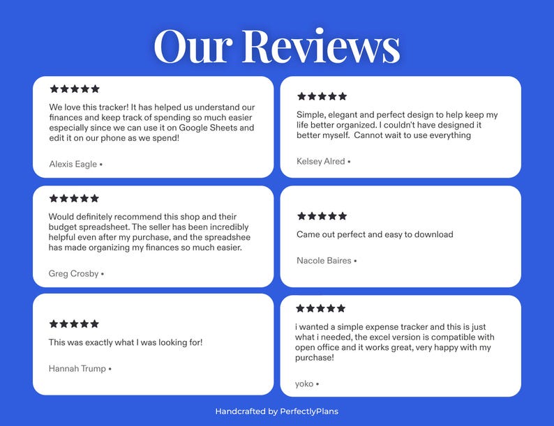 May include: A blue graphic display titled Our Reviews featuring six white rectangular boxes, each containing five black stars and customer feedback text. The bottom of the image includes the text Handcrafted by PerfectlyPlans in white.