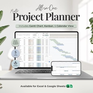Multi Project Planner Spreadsheet for Excel and Google Sheets with Gantt Chart, Kanban Board, Calendar View (Digital Download)