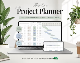 May include: A digital multi-project planner displayed on a laptop and smartphone screen, featuring Gantt charts, Kanban boards, and calendar views. The text reads All-in-One Project Planner, Includes Gantt Chart, Kanban, & Calendar View, and Available for Excel & Google Sheets.