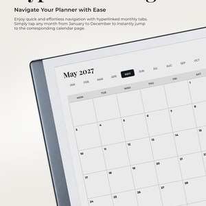 May include: A digital planner interface displaying a May 2027 calendar page with hyperlinked monthly tabs. The text reads Hyperlinked Pages, Navigate Your Planner with Ease, and May 2027. The layout includes a grid for days of the week and a notes section.