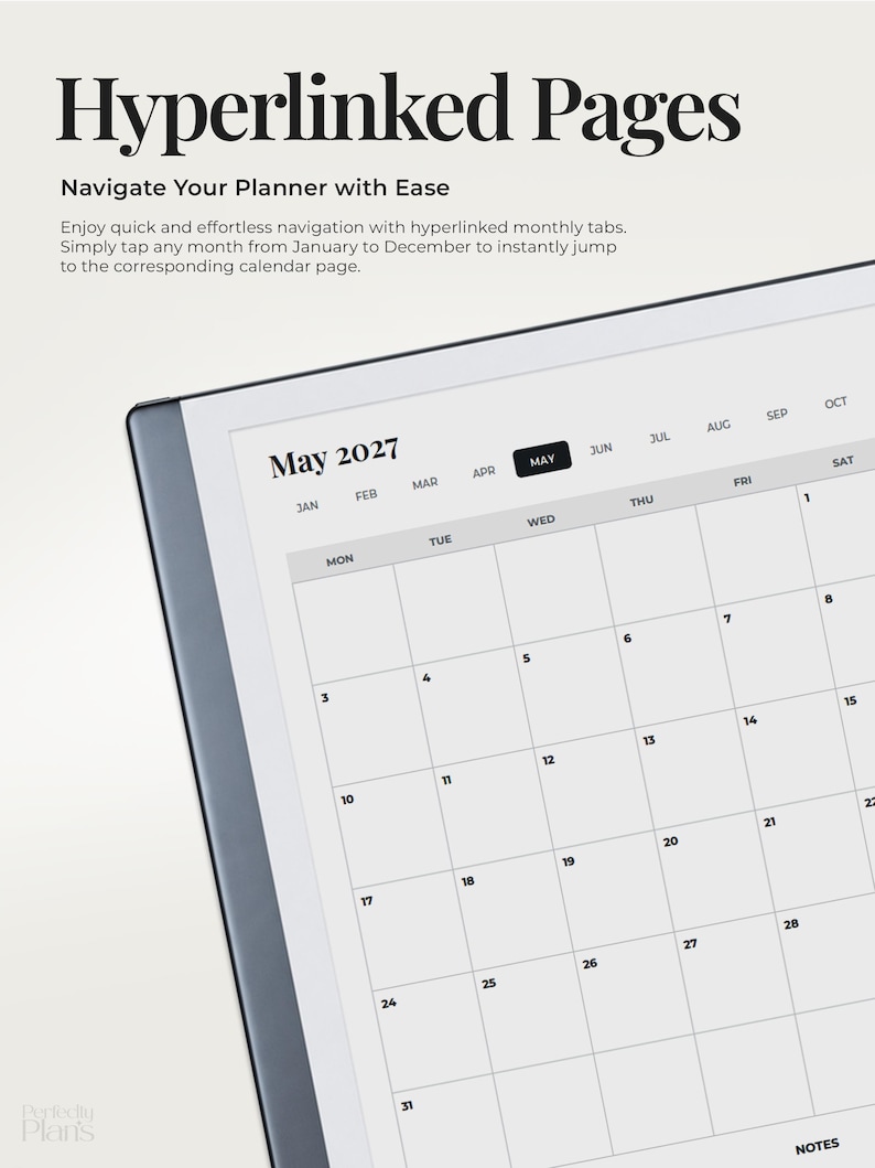 May include: A digital planner interface displaying a May 2027 calendar page with hyperlinked monthly tabs. The text reads Hyperlinked Pages, Navigate Your Planner with Ease, and May 2027. The layout includes a grid for days of the week and a notes section.