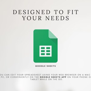 May include: A green Google Sheets icon with a white grid, set against a white background. The text "DESIGNED TO FIT YOUR NEEDS" is above the icon, and "GOOGLE SHEETS" is below. Additional text describes editing spreadsheets on various devices.
