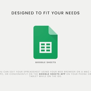 May include: A green Google Sheets icon with a white grid, set against a light background. The text "DESIGNED TO FIT YOUR NEEDS" is above the icon, and "GOOGLE SHEETS" is below. Additional text describes editing spreadsheets.