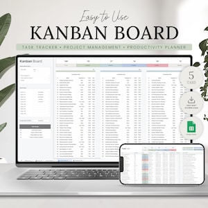 Kanban Board mit Aufgabentracker Tabelle für Google Sheets | Projektmanagement Vorlage | To Do Liste | Projektplaner | Sofortiger Zugriff