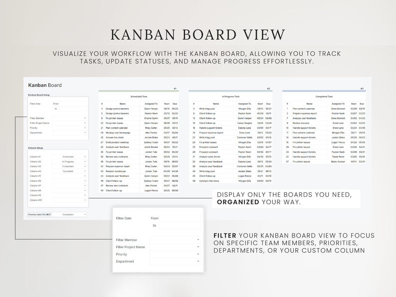May include: A digital Kanban board view with multiple columns for task management. The image displays a workflow with options to filter by team members, priorities, and departments. Text includes "Kanban Board View" and instructions for tracking tasks.