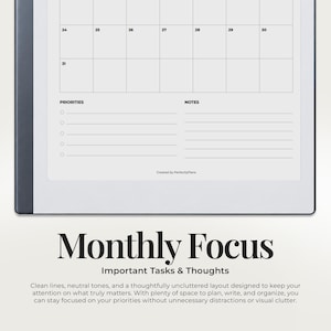 May include: A digital tablet displaying a monthly calendar planner page with a grid layout, numbered dates from 24 to 31, and sections labeled Priorities and Notes. The text Monthly Focus and Important Tasks & Thoughts appears below the screen.