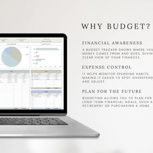 May include: A laptop displaying a budget tracker with charts and tables. The screen shows financial data, with the text "WHY BUDGET?" and explanations about financial awareness, expense control, and future planning.