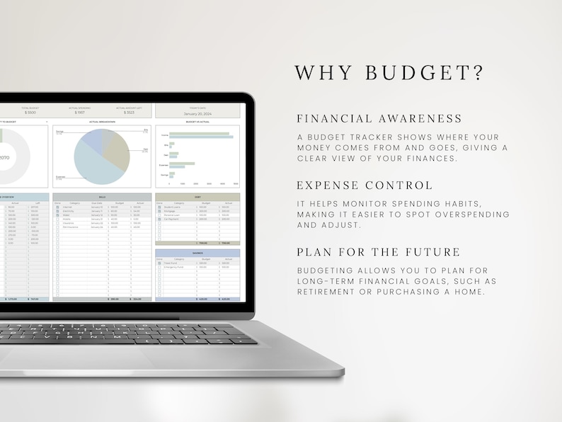 May include: A laptop displaying a budget tracker with charts and tables. The screen shows financial data, with the text "WHY BUDGET?" and explanations about financial awareness, expense control, and future planning.