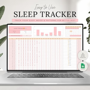 May include: A laptop computer displaying a pink and white printable sleep tracker. The tracker includes a calendar, a mood tracker, and a sleep log. The text on the screen reads "Easy to Use SLEEP TRACKER TRACK YOUR SLEEP, MOOD & PATTERNS FOR BETTER REST SLEEP TRACKER".