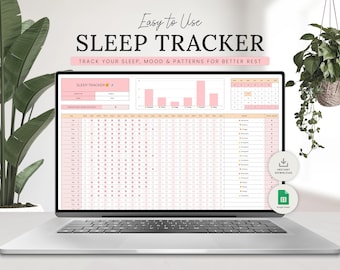 May include: A laptop computer displaying a pink and white printable sleep tracker. The tracker includes a calendar, a mood tracker, and a sleep log. The text on the screen reads "Easy to Use SLEEP TRACKER TRACK YOUR SLEEP, MOOD & PATTERNS FOR BETTER REST SLEEP TRACKER".