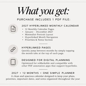 May include: A digital planner information sheet titled What you get: Purchase includes 1 PDF file: 2027 hyperlinked monthly calendar with 12 pages, January through December, portrait layout, navigation, and notes. Includes hyperlinked pages and is designed for digital planning on reMarkable and other PDF apps. 2027 12 months one simple planner.