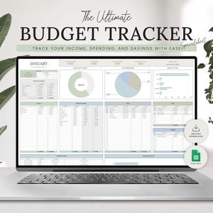 May include: A laptop displays a budget tracker spreadsheet. The screen shows a detailed financial planning template with charts and tables. Text on the screen reads "The Ultimate Budget Tracker" and "Track Your Income, Spending, and Savings with Ease."