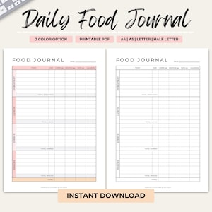 Diario de comidas y planificador de comidas / Registro de calorías / Planificador de comidas imprimible / Registro de macros / Tamaño A4 / A5 / Carta / Media carta