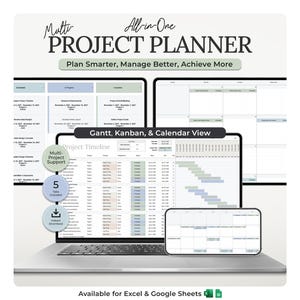Spreadsheet voor het plannen van meerdere projecten in Excel en Google Sheets met Gantt-diagram, Kanban-bord en kalenderweergave (digitale download)