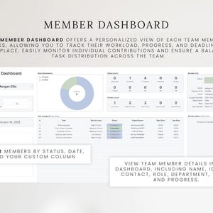 May include: A digital dashboard interface with the title "MEMBER DASHBOARD". The interface displays task management data, including status, priority, and due dates. Text on the interface reads: "FILTER MEMBERS BY STATUS, DATE, AND YOUR CUSTOM COLUMN" and "VIEW TEAM MEMBER DETAILS IN THE DASHBOARD".