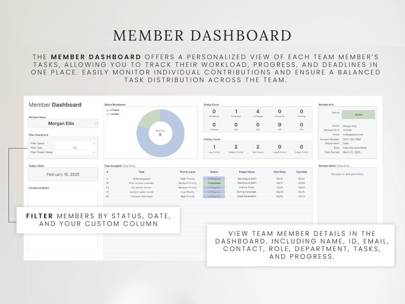 May include: A digital dashboard interface with the title "MEMBER DASHBOARD". The interface displays task management data, including status, priority, and due dates. Text on the interface reads: "FILTER MEMBERS BY STATUS, DATE, AND YOUR CUSTOM COLUMN" and "VIEW TEAM MEMBER DETAILS IN THE DASHBOARD".