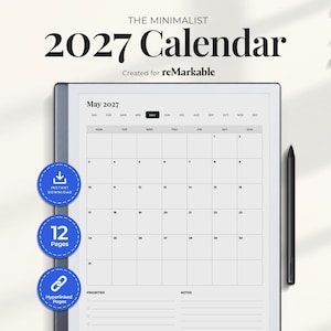 May include: A digital 2027 calendar for reMarkable tablets featuring a May 2027 monthly grid view with a priorities and notes section. The display includes three blue circular icons indicating instant download, 12 pages, and hyperlinked pages.