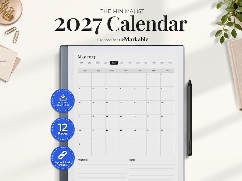 May include: A digital 2027 calendar for reMarkable tablets featuring a May 2027 monthly grid view with a priorities and notes section. The display includes three blue circular icons indicating instant download, 12 pages, and hyperlinked pages.