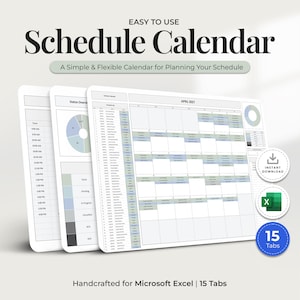 May include: A digital schedule calendar template for Microsoft Excel featuring a monthly view for April 2027, a status overview with pie charts, and a time-based daily planner. The interface includes 15 tabs, an instant download icon, and text.