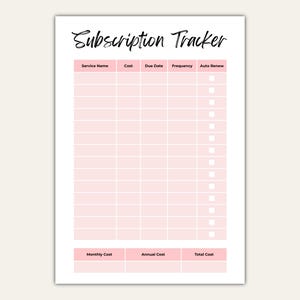 Op de afbeelding: Een printbare abonnemententracker met kolommen voor de servicenaam, de kosten, de vervaldatum, de frequentie, automatische verlenging, de maandelijkse kosten, de jaarlijkse kosten en de totale kosten.