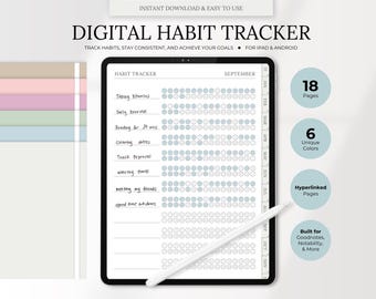 May include: A digital habit tracker for iPad and Android. The tracker has 18 pages with 6 unique colors. The tracker is designed for Goodnotes, Notability, and more. The tracker has a calendar for September with a list of habits to track, such as taking vitamins, daily exercise, reading for 30 minutes, cleaning duties, tracking expenses, watering plants, meeting friends, and spending time outdoors.