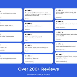 May include: A blue graphic display featuring fifteen white rectangular customer review boxes, each with five black stars and text testimonials. The bottom text reads Over 200+ Reviews and Handcrafted by PerfectlyPlans in white font.