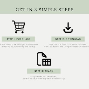 May include: Infographic with the text "GET IN 3 SIMPLE STEPS". The steps are: Purchase, Download, and Track. Each step has a corresponding icon: a shopping cart, a downward arrow, and a document with a grid. The text explains the process.