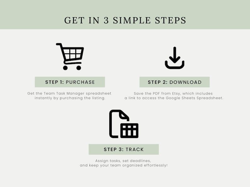 May include: Infographic with the text "GET IN 3 SIMPLE STEPS". The steps are: Purchase, Download, and Track. Each step has a corresponding icon: a shopping cart, a downward arrow, and a document with a grid. The text explains the process.