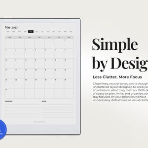 May include: A digital tablet displaying a May 2027 monthly calendar page with a grid layout, a priorities section, and a notes section. The text reads Simple by Design, Less Clutter, More Focus, and includes a blue circular instant download icon.