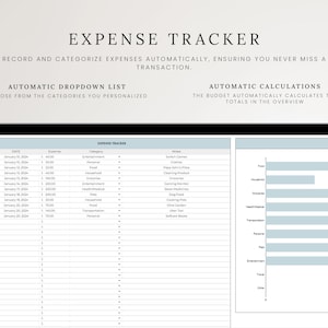 May include: A digital expense tracker displayed on a black tablet. The screen shows a spreadsheet with expense categories and a bar graph. Text at the top reads "EXPENSE TRACKER". Additional text describes automatic features.
