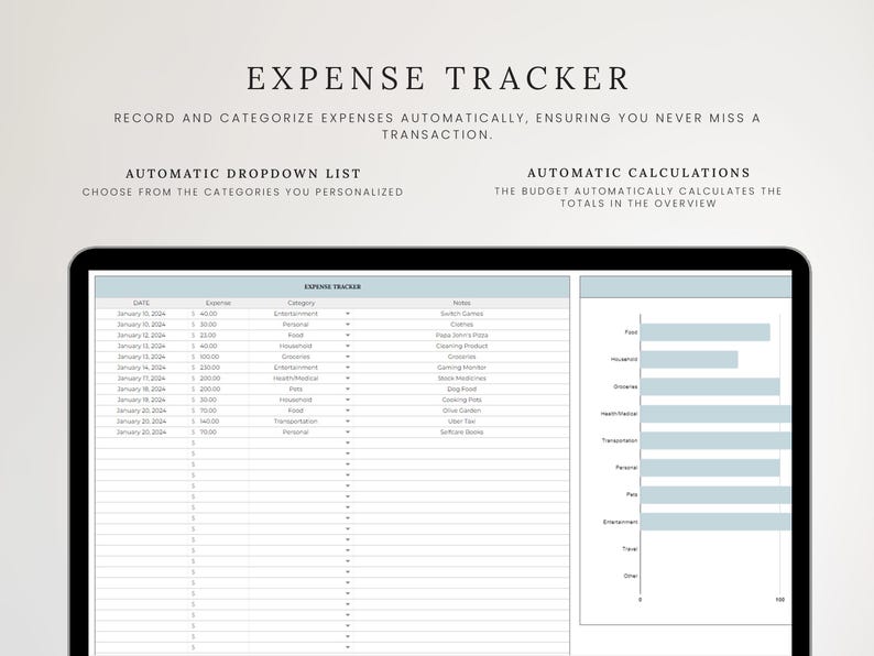 May include: A digital expense tracker displayed on a black tablet. The screen shows a spreadsheet with expense categories and a bar graph. Text at the top reads "EXPENSE TRACKER". Additional text describes automatic features.