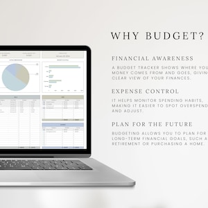 May include: A laptop computer displaying a budget tracker spreadsheet with charts and graphs. The text on the screen reads "WHY BUDGET?" and explains the benefits of budgeting, including financial awareness, expense control, and planning for the future.