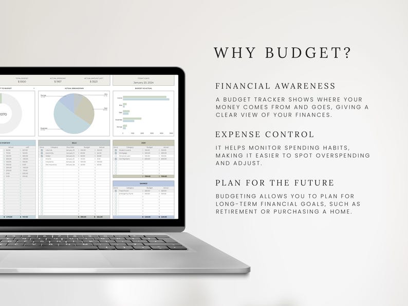 May include: A laptop computer displaying a budget tracker spreadsheet with charts and graphs. The text on the screen reads "WHY BUDGET?" and explains the benefits of budgeting, including financial awareness, expense control, and planning for the future.
