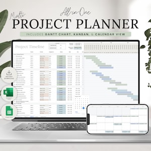 May include: A laptop screen displays a project planner with Gantt chart, Kanban, and calendar views. The screen shows a project timeline with various tasks. The text on the screen reads "Multi PROJECT PLANNER." A smartphone shows a calendar view. Icons for instant download, Excel, and Google Sheets are also visible.