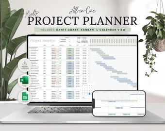 Multi Project Planner Spreadsheet for Excel and Google Sheets with Gantt Chart, Kanban Board, Calendar View (Digital Download)