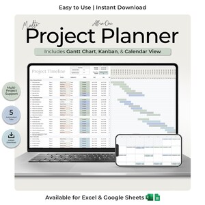 Multi Project Planner Spreadsheet for Excel and Google Sheets with Gantt Chart, Kanban Board, Calendar View (Digital Download)