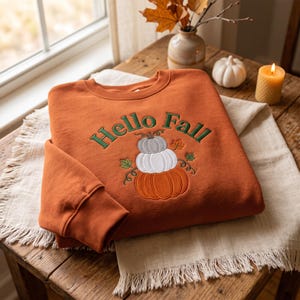 Embroidered Hello Fall Sweatshirt, Cute Stacked Pumpkins Crewneck, Cozy Autumn Season Pullover Jumper, Thanksgiving Aesthetic Holiday Gift