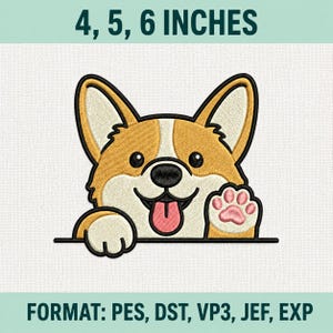 Op de afbeelding: Een borduurontwerp van een beige en witte Corgi-hond met een zwarte neus, roze tong en één opgeheven poot. De tekst 4, 5, 6 INCHES en FORMAT: PES, DST, VP3, JEF, EXP is zichtbaar. Het ontwerp heeft dikke zwarte omlijningen op een witte achtergrond.