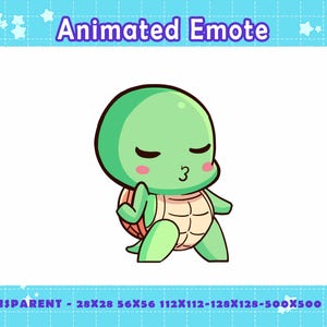 Può includere: Un'emote animata di una simpatica tartaruga con testa e arti verdi, guscio beige e occhi chiusi. La tartaruga fa il segno della pace con la mano destra e ha il numero "3" sulla guancia. Il testo "Animated Emote" è in alto.