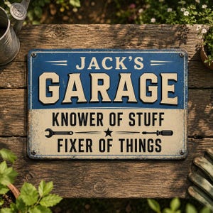 May include: A rectangular metal sign with a blue and cream finish. The text reads JACK'S GARAGE, KNOWER OF STUFF, and FIXER OF THINGS. The design includes a wrench and a screwdriver icon separated by a star, with four mounting holes at the corners.