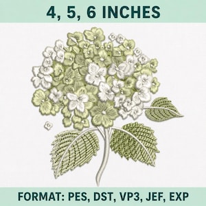May include: An embroidery design of a hydrangea flower in shades of light green and white. The text 4, 5, 6 INCHES appears at the top, and the text FORMAT: PES, DST, VP3, JEF, EXP appears at the bottom of the white background.