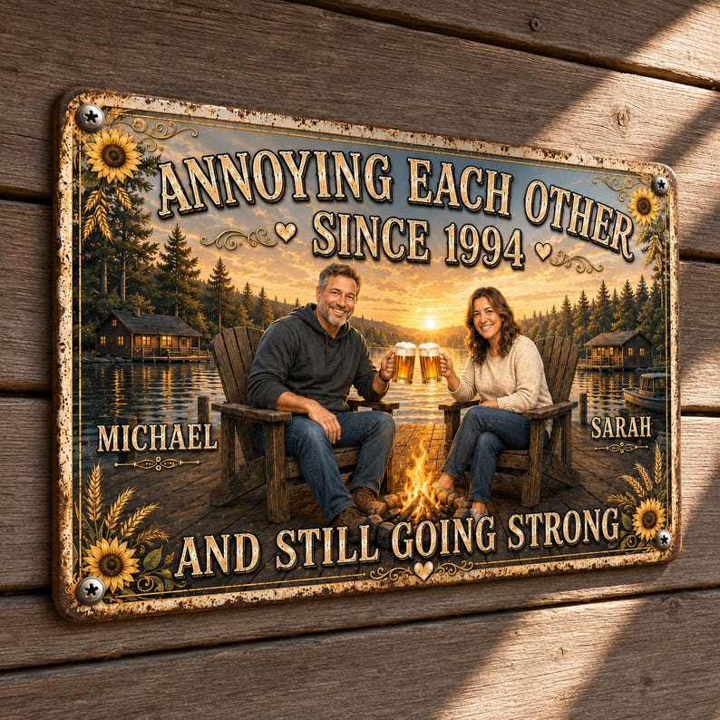 Personalized Couple Photo Names Date Metal Sign, Custom Annoying Each Other Garden Wall Decor, Sunflower Barley Anniversary Gift image 3