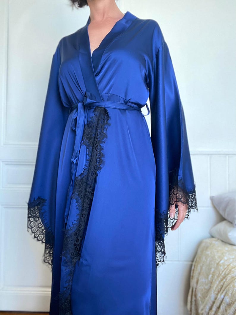 Long Satin Silk Robe With Lace Trim & Bell Sleeves - Etsy