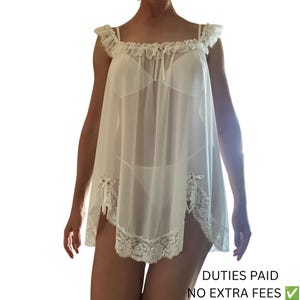 Transparentes Babydoll-Dessouskleid mit passendem Höschen, durchsichtiges weißes Nachthemd